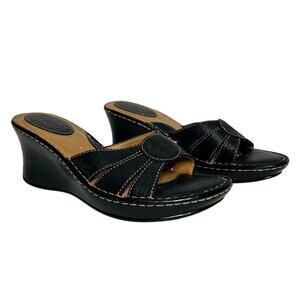 Born Black Leather Wedge Sandals Size 9 Slip On Comfort Mules Contrast Stitch